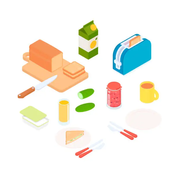 Vector illustration of Isometric healthy breakfast set