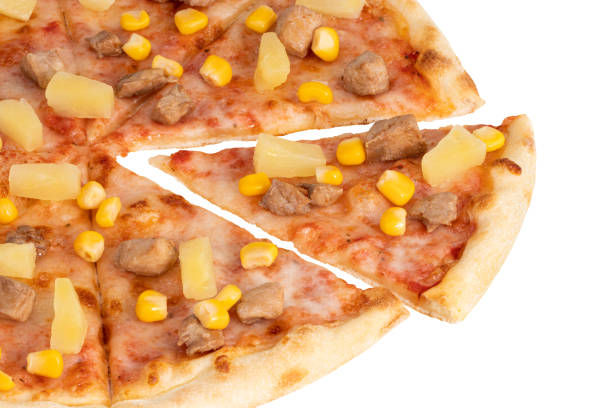 istock Pizza with chicken, pineapple and corn isolated on white background 1221026136