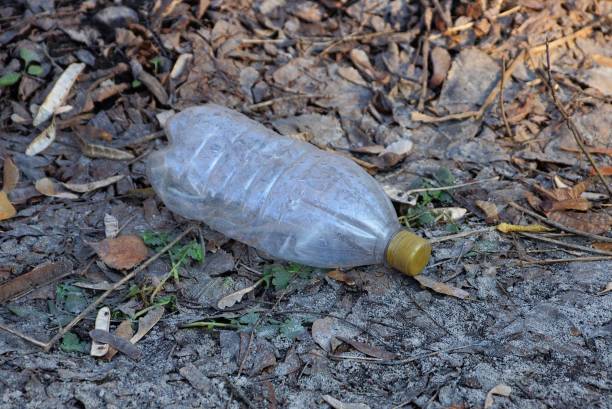 istock closed one white plastic bottle lies on gray dry grass 1221027104