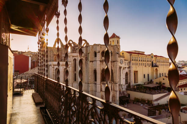 Carmo Convent building during susnet seen from Santa Justa Lift in Lisbon, Portugal Carmo Convent building during susnet seen from Santa Justa Lift in Lisbon in Portugal santa justa lift portugal stock pictures, royalty-free photos & images
