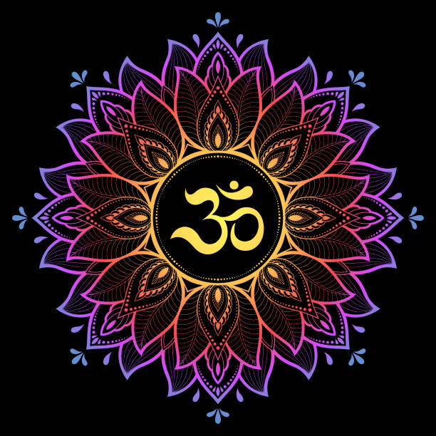 ilustrações de stock, clip art, desenhos animados e ícones de color circular pattern in form of mandala with ancient hindu mantra om and lotus flower for henna, mehndi, decoration. decorative ornament in oriental style. rainbow design on black background. - tao symbol