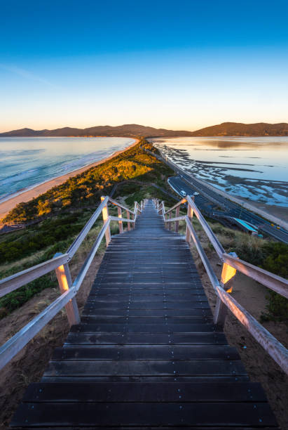 Beautiful narrow land between sea, The neck lookout bruny island with morning sky View from the neck lookout bruny island with twilight sunrise morning sky in winter, North Bruny, Tasmania, Australia narrow photos stock pictures, royalty-free photos & images