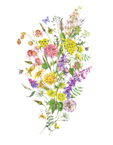 istock Vintage watercolor summer meadow wildflowers greeting card. 1221037406