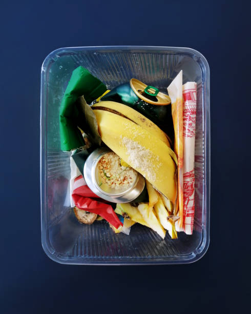 istock Plastic box with day food waste, packaging and leftovers, collage, garbage ensemblage. 1221037483