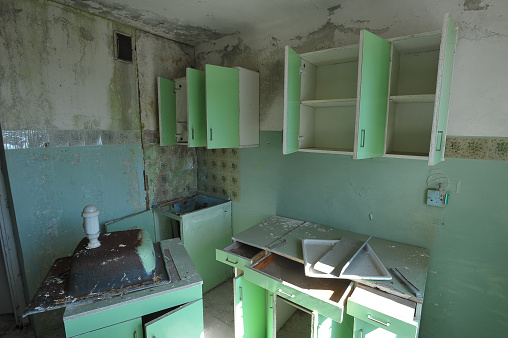 Interior of abandoned flat in ghost town Pripyat, Chernobyl zone, Ukraine