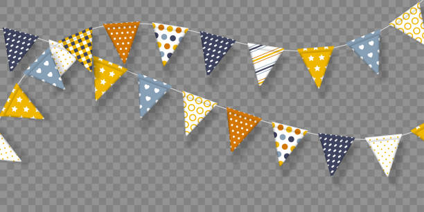 illustrazioni stock, clip art, cartoni animati e icone di tendenza di bandiere vettoriali con motivi geometrici. - pennant flag party old fashioned