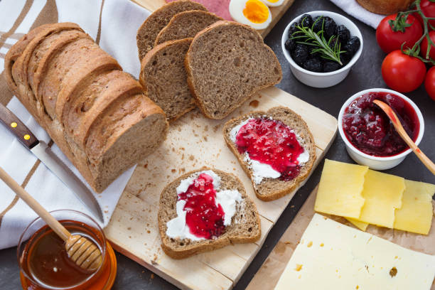 Baked Bread on breakfast setup. Stock Photo
