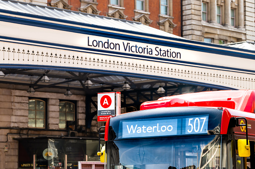London, UK - June 24, 2018: United Kingdom Pimlico Westminster district with Waterloo sign on bus and Victoria station on urban street road