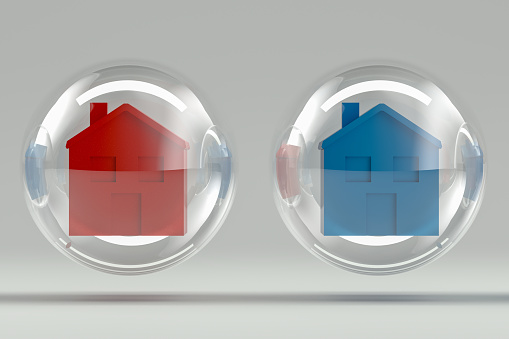 Mortgage, Miniature Houses, Investment, Real Estate Concept on gray color background. 3d rendering of house in glass sphere.