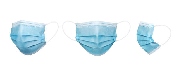 Blue Surgical mask in isolated 3 perspective angles  Blue Surgical mask in isolated surgical mask stock pictures, royalty-free photos & images