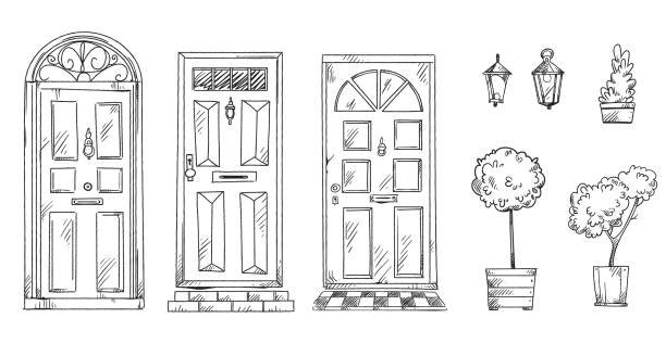 collection of British traditional doors with flower pots and lanterns, vector sketch collection of British traditional doors with flower pots and lanterns, vector sketch door illustrations stock illustrations