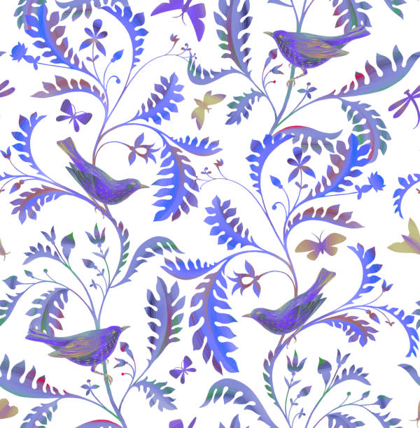 istock Seamless pattern with birds on branches. Hand drawn by color pencils realistic flora and fauna background 1221045905
