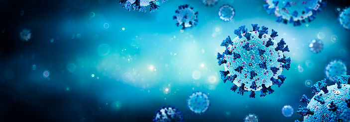 Coronavirus - Estructura con representaciones completas de proteínas superficiales en fondo azul - Renderizado 3d photo