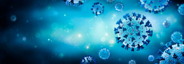 coronavirus - estructura con representaciones completas de proteínas superficiales en fondo azul - renderizado 3d - covid 19 fotografías e imágenes de stock