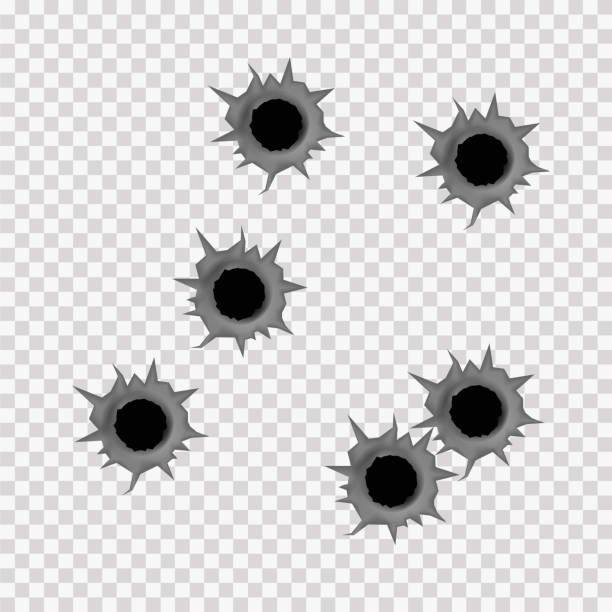 Realistic bullet holes. Realistic bullet holes from a firearm in a metal plate are isolated on transparent background. Torn hole in the metal plate from bullets. Vector illustration, EPS 10. bang icon stock illustrations