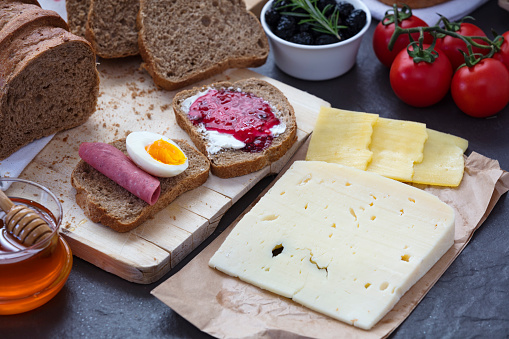 Cheese on breakfast setup. Stock Photo