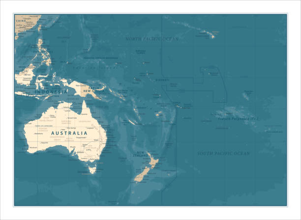 ilustrações, clipart, desenhos animados e ícones de mapa da austrália e oceania - ilustração do vetor vintage - philippines map retro revival cartography