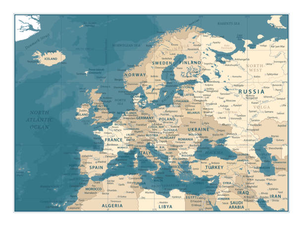 европа карта - винтаж вектор иллюстрация - france denmark stock illustrations