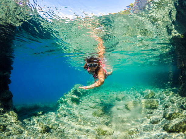 istock Woman floating in the clean sea. 1221050451