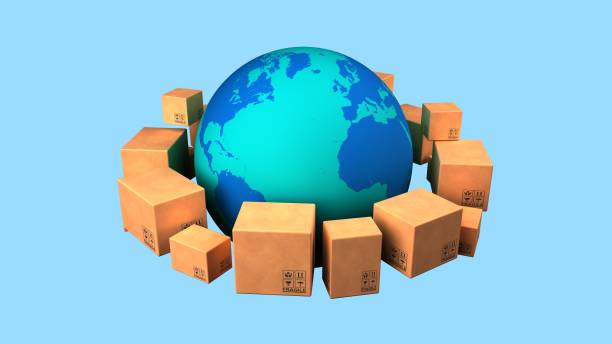 istock Global delivery. Worldwide shipment concept. Earth planet and boxes. Isolated on white. 3D-rendering. 1221050714