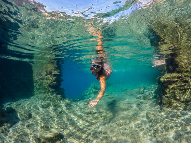 istock Woman floating in the clean sea. 1221050732