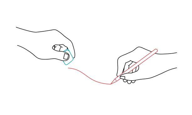 Human hands with pencil and erase rubber Human hands with pencil and erase rubber. Line drawing vector illustration. hand drawings stock illustrations
