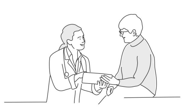 Doctor with female patient Hand drawn vector illustration of doctor with female patient. doctor illustrations stock illustrations