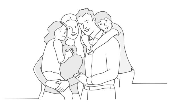Happy family Hand drawn vector illustration of happy family, mother, father, son, daughter. family drawing stock illustrations