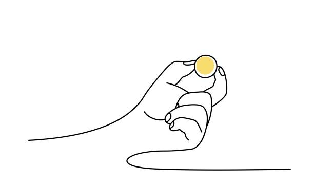 Man's hand holding golden coin Man's hand holding golden coin. Line drawing vector illustration. change drawings stock illustrations