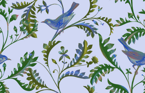 istock Seamless pattern with birds on branches. Hand drawn by color pencils realistic flora and fauna background 1221052574