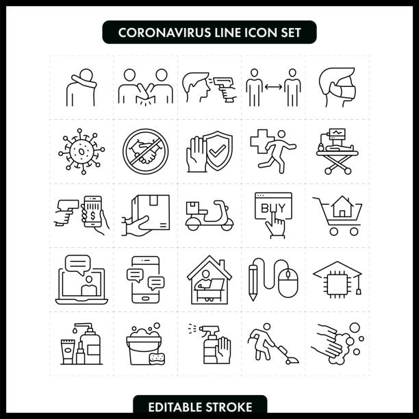 illustrations, cliparts, dessins animés et icônes de ensemble d’icônes de ligne coronavirus covid-19. accident vasculaire cérébral modifiable - symbol computer icon infographic handshake