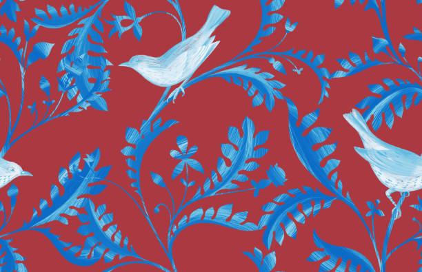istock Seamless pattern with birds on branches. Hand drawn by color pencils realistic flora and fauna background 1221053852