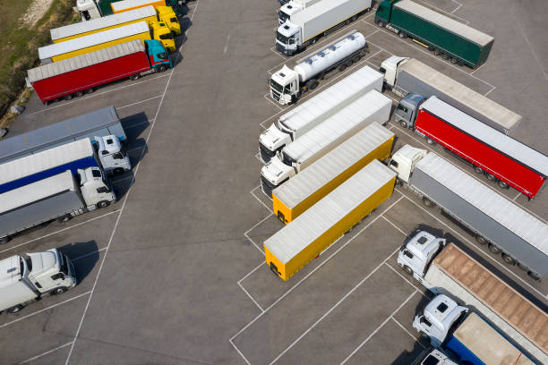 istock Truck Stop with Trucks, Aerial View 1221055129