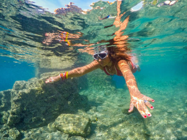 istock Woman floating in the clean sea. 1221055310