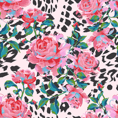 Floral seamless pattern made of gorgeous large roses. Acrylic painting with flower buds and leaves on leopard background. Mix of animal skin texture and botanical ornament.