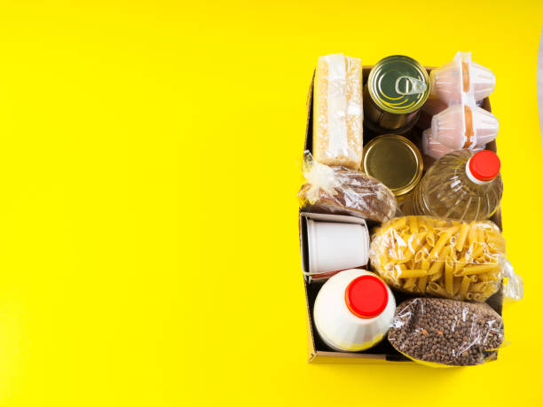 istock Food staples delivery or donation box concept 1221056816