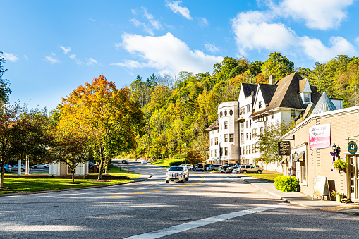 Hot Springs, USA - October 18, 2019: Historic downtown town street road in village city in Virginia countryside with old building architecture
