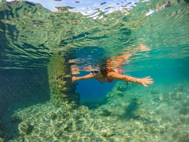 istock Woman floating in the clean sea. 1221057159