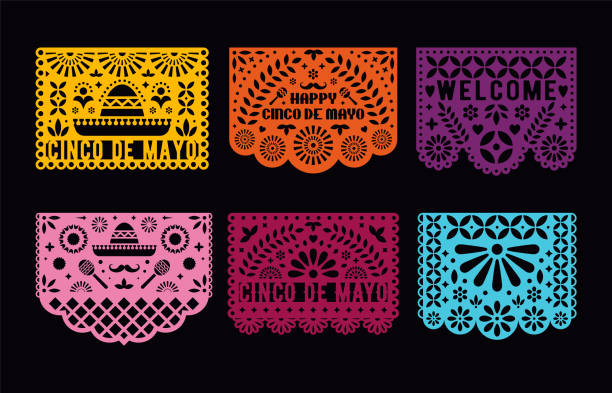 zestaw kart vector papel picado. meksykańskie dekoracje papierowe na imprezę. wytnij kompozycje do papierowej girlandy. 5 maja, meksykańskie święto cinco de mayo. - mexican flag stock illustrations