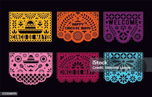 Vector Papel Picado Cards Set Mexican Paper Decorations For Party Cut Out Compositions For Paper Garland May 5 Mexican Holiday Cinco De Mayo Stock Illustration - Download Image Now
