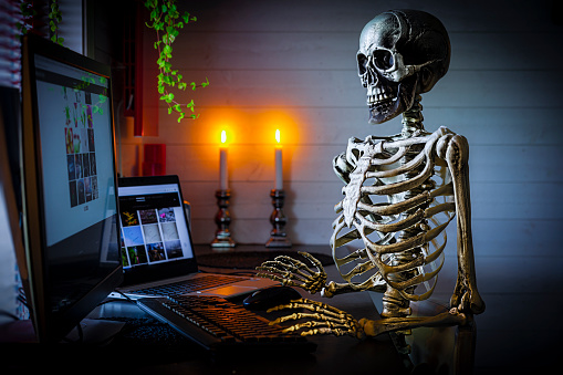 Skeleton at office desk, worked to hard. Spooky feeling

Images on computers in the picture i my own, those are at my website