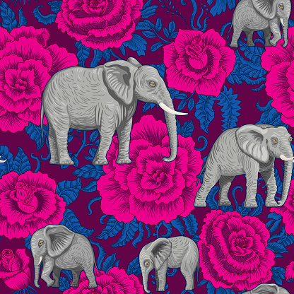 Seamless psychedelic floral pattern with savannah safari animals. African elephants, decorative dark pink rose flowers on a burgundy red background. Wallpaper, batik, boho textile print, hippie chintz décor