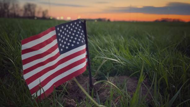 istock Small American flag in field at sunset USA 1221068013