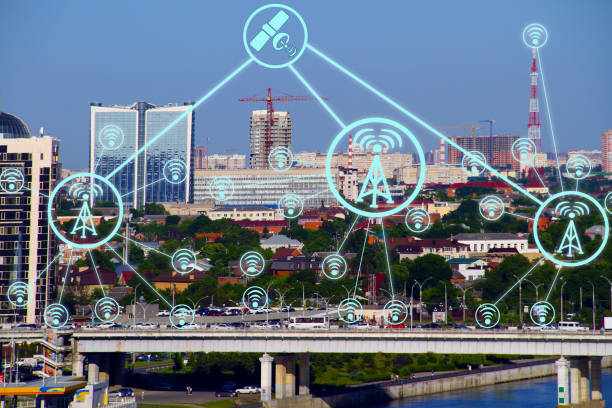 istock IOT, Internet smart city and network connect Wi-Fi access points. Background and Wi-Fi icons on the background of the city. 1221068673