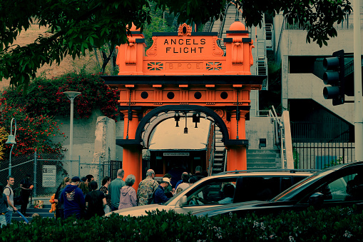 Los Angeles, California, USA - April 27, 2019: Angels Flight - the Landmark funicular railway at Los Angeles Downtown.

Lots of tourists came to this famous place.
