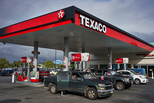 Hilo, Hawaii, USA - Dec 3, 2019: Texaco gas station in downtown Hilo on the Big Island.