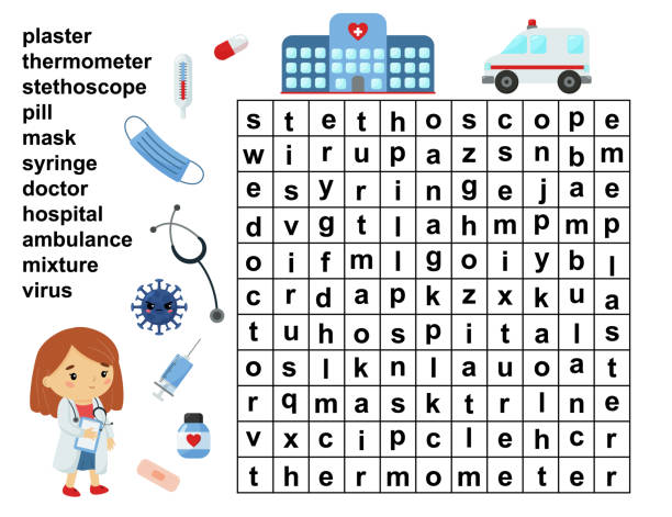 Educational word search game. Crossword for children. Healthcare and medicine tools. Printable worksheet. crossword puzzle drawing stock illustrations