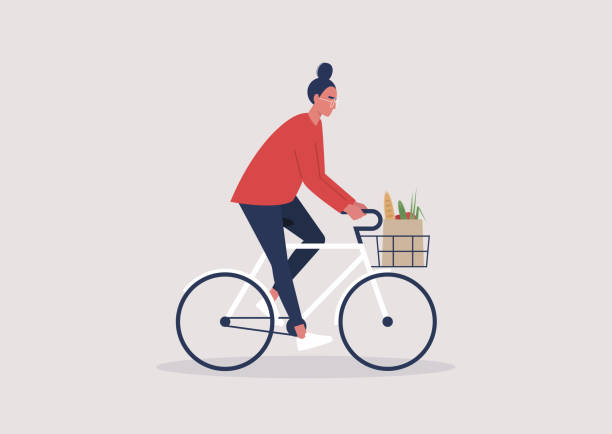 stockillustraties, clipart, cartoons en iconen met jong vrouwelijk karakter dat een fiets, millennial levensstijl, dagelijkse routine berijdt - fietsen