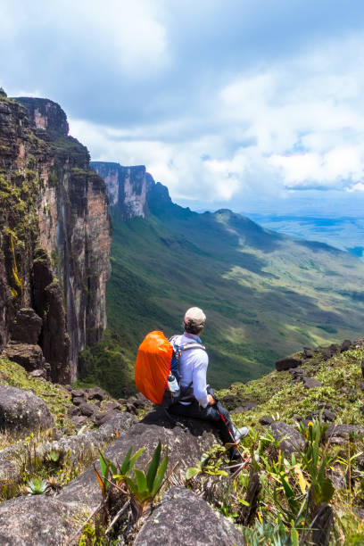 человек один во время похода в монте-рорайма. - mountain cliff mountain peak plateau стоковые фото и изображения