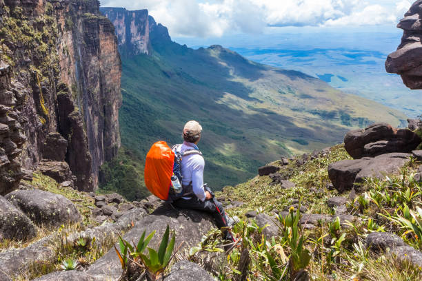 człowiek sam podczas trekkingu na monte roraima. - mountain cliff mountain peak plateau zdjęcia i obrazy z banku zdjęć